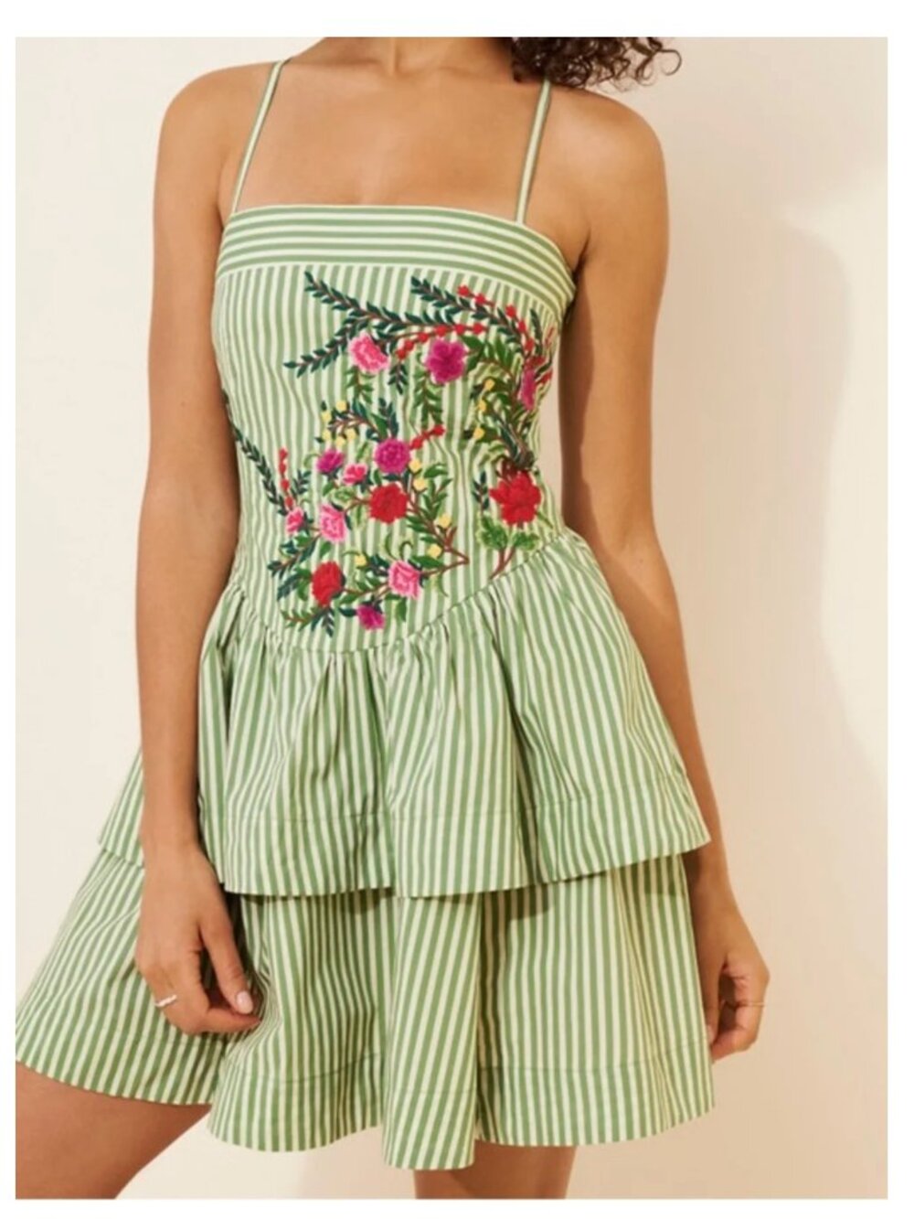 Maeve Cotton Halter Tiered Dress Mini Floral Embroidered Striped Green Medium